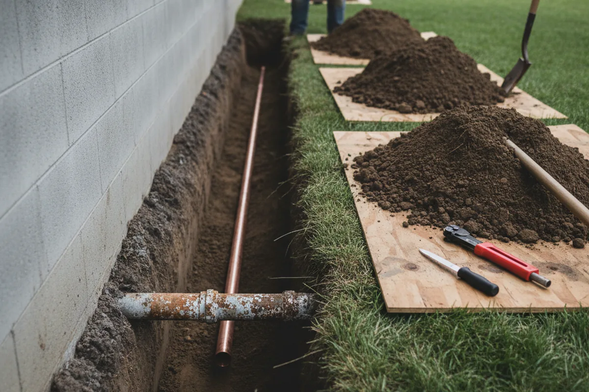 Excavated water line trench during Water Softener Installation in Norman Park